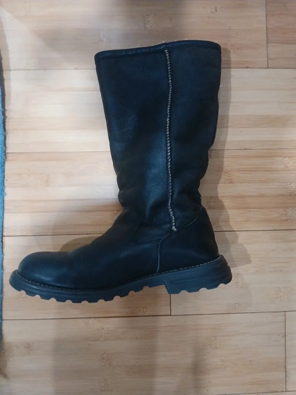 UGG Black Tall Leather Winter Boots with Shearling Trim